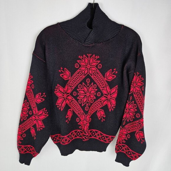 Vintage Comfortably Yours Black & Red Acrylic Sweater USA-Made Nordic Winter - Picture 1 of 10